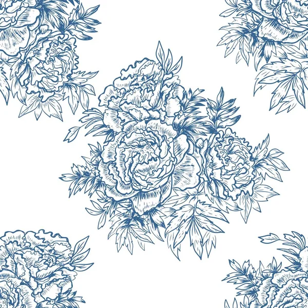 Peonies Flowers Graphics Engraving Hand Drawn Illustration Vector Print Textile — Stock Vector