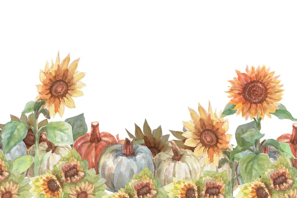 Vintage Pumpkin Sunflowers Watercolor Hand Drawn Illustration Print Textile Vintage — Foto Stock