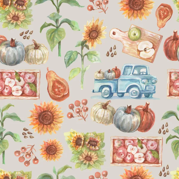 Vintage Pumpkin Sunflowers Watercolor Hand Drawn Illustration Print Textile Vintage — Stockfoto