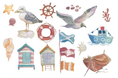 Deniz martı kuşları, deniz kıyısındaki evlerde bayraklar, direksiyon, tekstil, eski tip suluboya el çizimleri taşıyorlar.