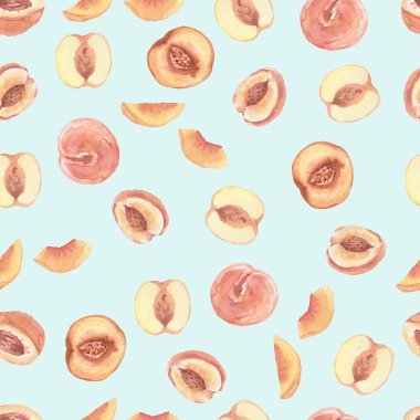 Şeftali, meyveli suluboya el, babasız baskılı tekstil. Meyve suyu reçeli doğal ürünler fanatizm doğa bitki yetiştirme bahçe hasat yaprakları dallar