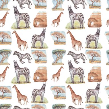 Savannah africa zebra zürafa safari hayvanları suluboya el çizimi. Tekstil vintage gerçekçiliğini yazdırın. baobab ağaçları
