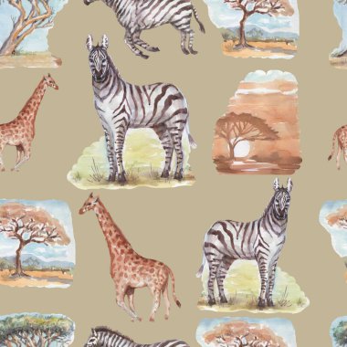 Savannah africa zebra zürafa safari hayvanları suluboya el çizimi. Tekstil vintage gerçekçiliğini yazdırın. baobab ağaçları