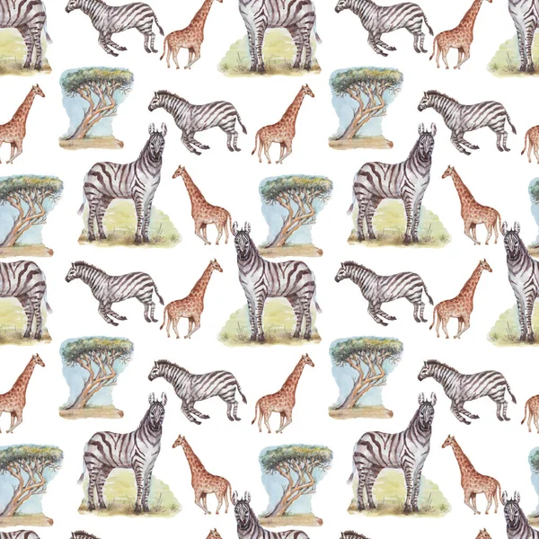 Savanne Afrika Zebra Giraffen Safari Tiere Aquarell Handgezeichnete Illustration Print — Stockfoto