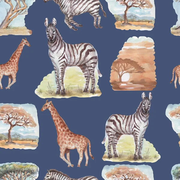 Szavannah Afrika Zebra Zsiráf Szafari Állatok Akvarell Kézzel Rajzolt Illusztráció — Stock Fotó