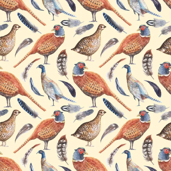 Pheasant Partridge Bird Feathers Watercolor Hand Drawn Illustration Print Textile — Stock Fotó