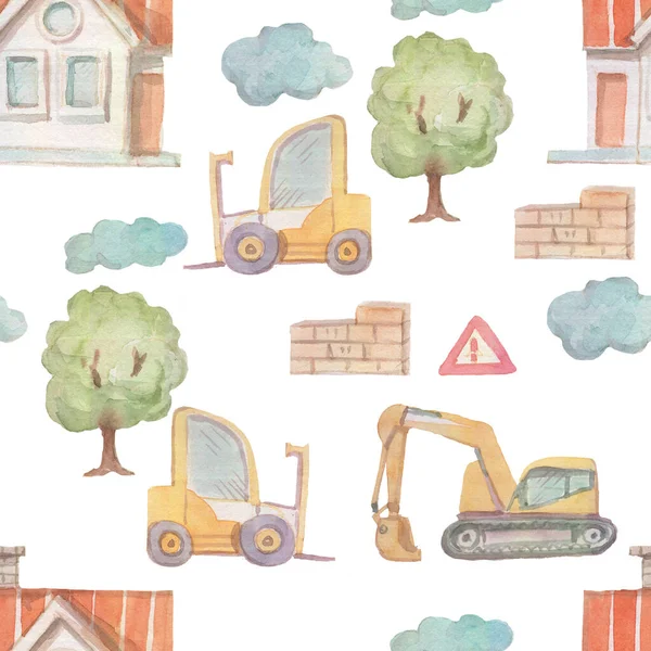 Construction Machines Watercolor Illustration Hand Drawn Patern Seamless Print Textile — Stock Photo, Image