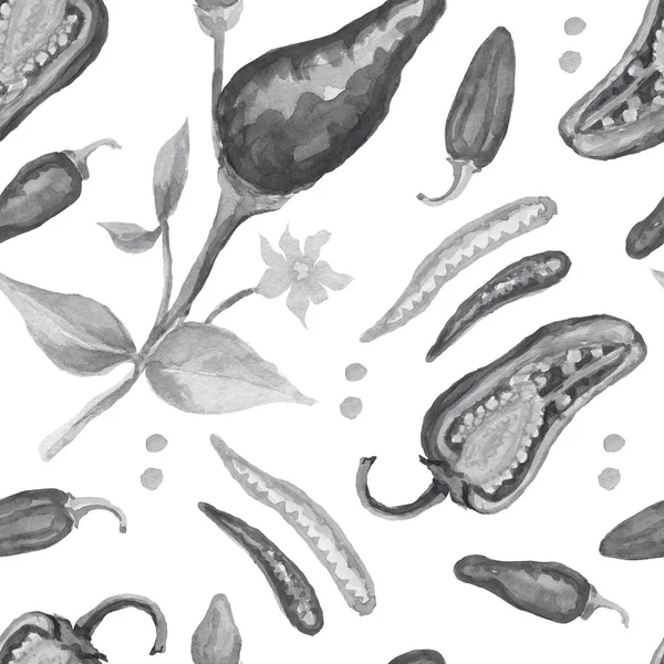 唐辛子スパイス水彩手描きイラスト 印刷繊維患者シームレスセットの背景 スパイシーな食品 — ストック写真
