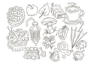 Sonbahar sıcacık giysileri mantar yaprakları balkabağı turtası elle çizilmiş suluboya çizimi