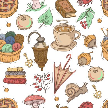 Sonbahar sıcacık giysileri mantar yaprakları balkabağı turtası elle çizilmiş suluboya çizimi