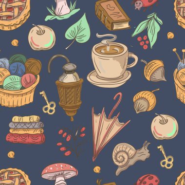 Sonbahar sıcacık giysileri mantar yaprakları balkabağı turtası elle çizilmiş suluboya çizimi