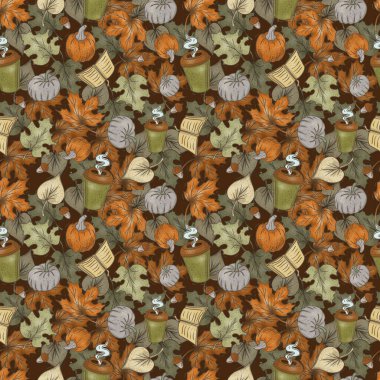 Sonbahar sıcacık giysileri mantar yaprakları balkabağı turtası elle çizilmiş suluboya çizimi