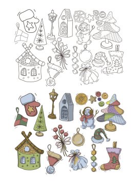 Noel süslemeleri oyuncaklar el çizimi yeni yıl evleri Noel ağaçları çoraplar ve parlak çizgi filmler.