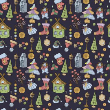 Noel süslemeleri oyuncaklar el çizimi yeni yıl evleri Noel ağaçları çorap kolyeleri ve parlak çizgi filmler.