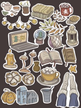 Sıcak kış karalamaları, el çizimleri, ev yapımı şekerlemeler, ev yapımı sıcak nesneler, şirin çizgi roman mumları.