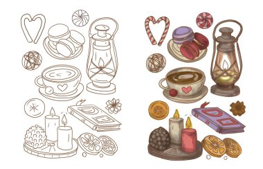 Sıcak kış mumları çay evi dekorasyonu mandalina ve tarçınlı gaz lambası el çizimi karalama, çizgi film çizimi şirin hygge evi.