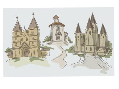 Eski mimari eski katedral taslak el çizimi kilise tarzı ortaçağ mimari kültürü ve gelenekleri.