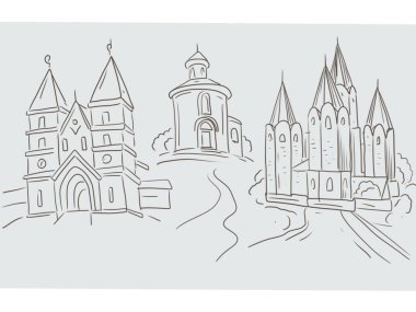 Eski mimari eski katedral taslak el çizimi kilise tarzı ortaçağ mimari kültürü ve gelenekleri.