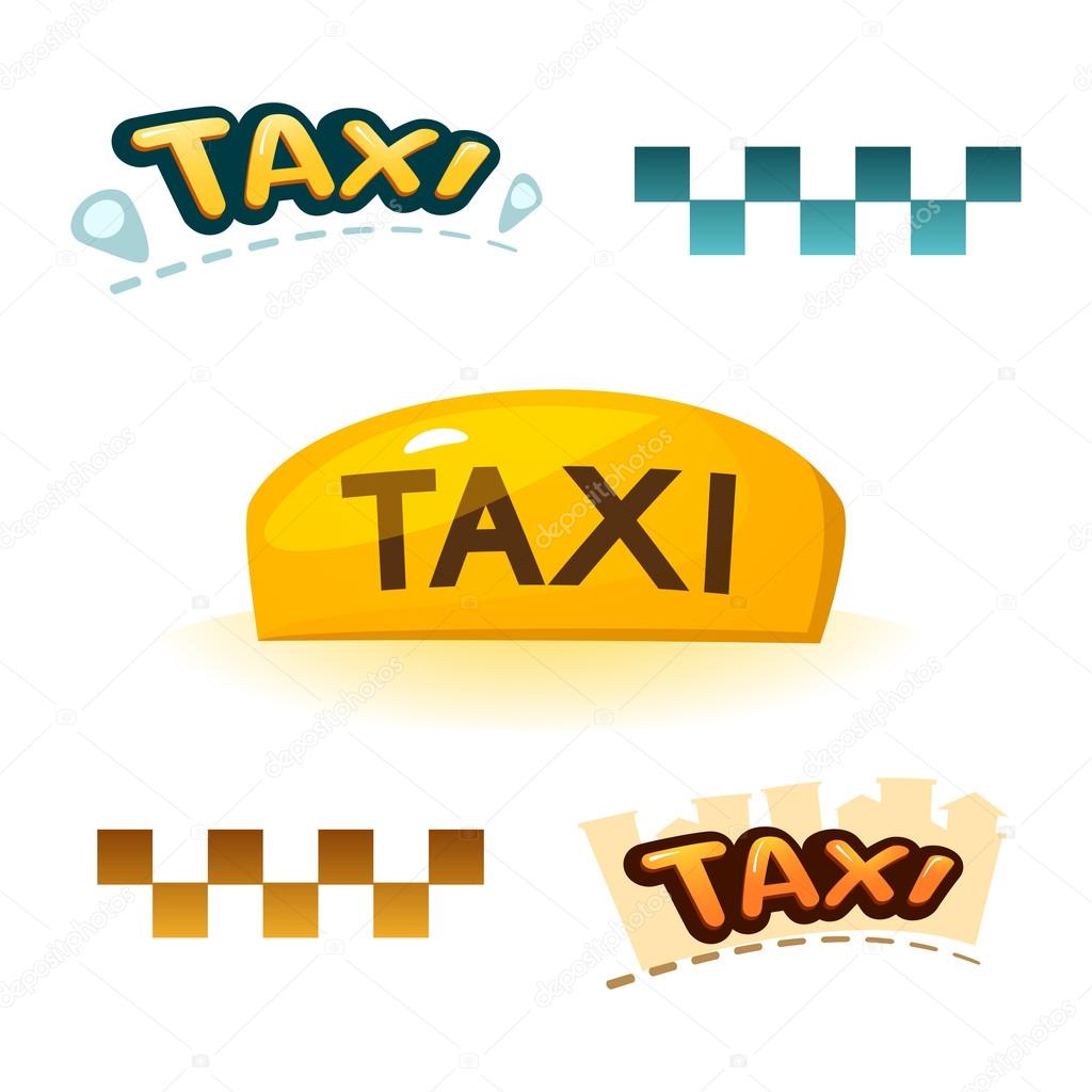 The yellow illuminated taxi sign, checkerboard sign and taxi logos, vector illustration