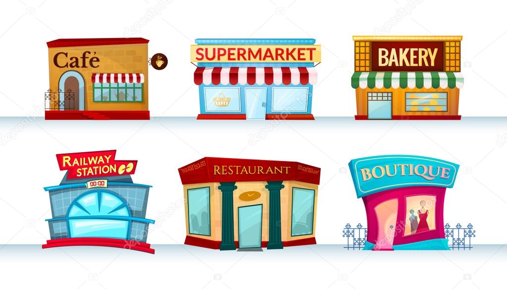 Different city facilities icons set, shops, canteens, public places, vector illustration