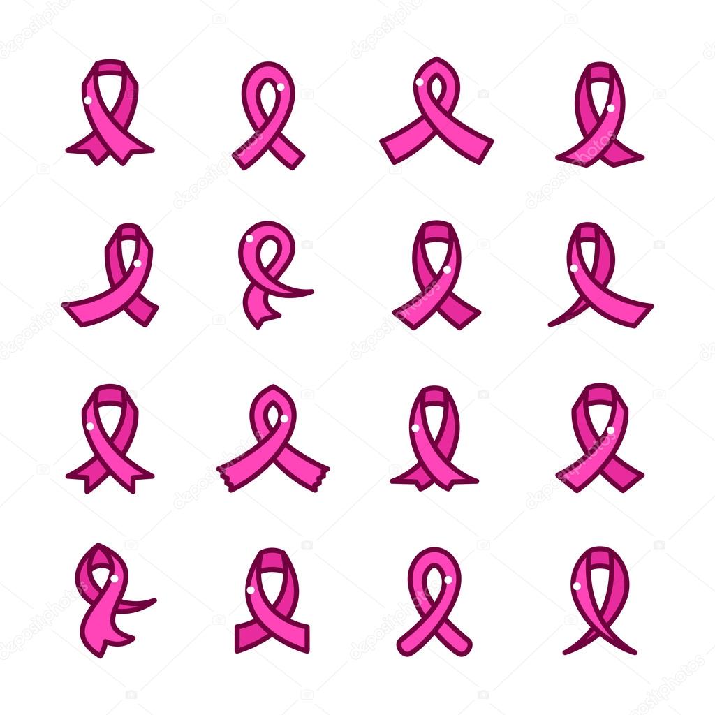 Pink ribbons icons set symbol of the fight against breast cancer, the treatment of women's diseases, colorful outline vector illustration
