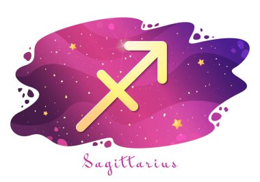 Sagittarius burcunun burcu, astrolojik yıldız falı, yeni yıl için tahminler, yıldızlı sihirli gökyüzü arka planında bir sembol. Vektör illüstrasyonu