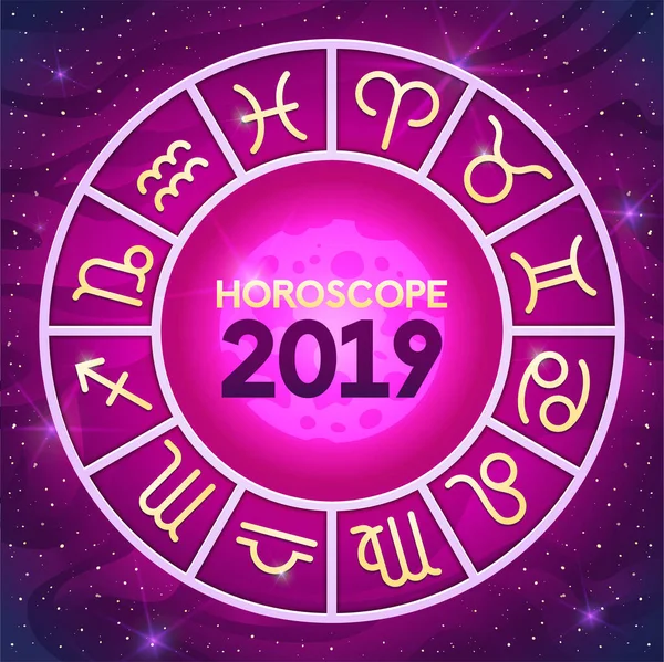 Roda Zodíaco Com Conjunto Signos Zodíaco Horóscopo Astrológico 2019 Folheto — Vetor de Stock