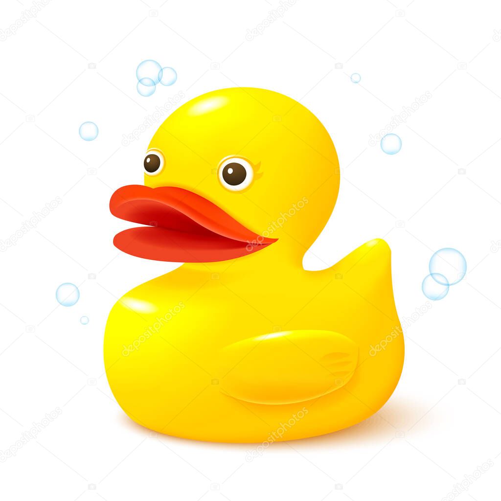 Cute bath toy yellow rubber duck three-quarter view. Realistic vector illustration