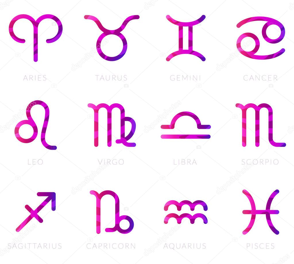 Twelve signs of the zodiac, purple color astrological set, vector illustration for a horoscope