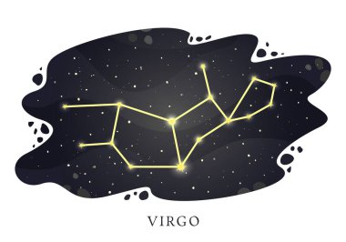 Başak takımyıldızı, gece gökyüzünün arka planında. Astrolojik burç işareti. Vektör illüstrasyonu