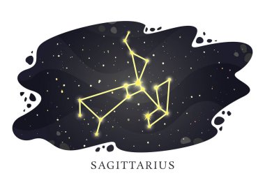 Gece gökyüzünün arka planında Yay takımyıldızı Zodiac. Astrolojik burç işareti. Vektör illüstrasyonu