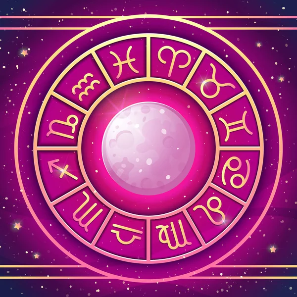 Roata Zodiacală Semne Zodiacale Stabilite Luna Plină Simboluri Astrologice Horoscop — Vector de stoc