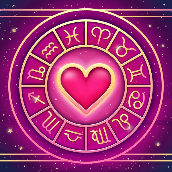 Roda Zodíaco Com Signos Zodíaco Conjunto Coração Rosa Símbolos Astrológicos — Vetor de Stock