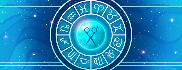Stříhání Vlasů Měsíci Vodorovný Prapor Asrtologie Horoskop Vektorové Ilustrace Modré — Stockový vektor