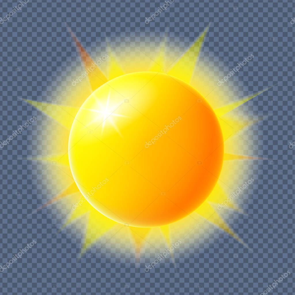 Yellow radiant Sun isolated on transparent background. Realistic vector illustration