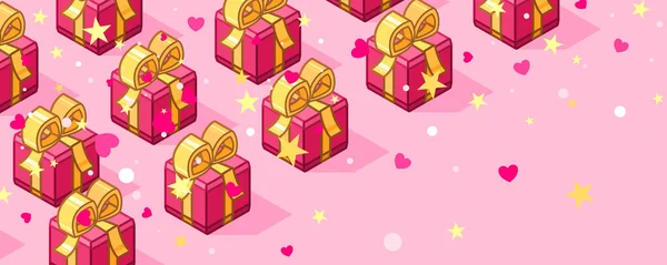 Isometric Pink Color Gift Boxes Decorated Gold Color Bow Row — Stock Vector