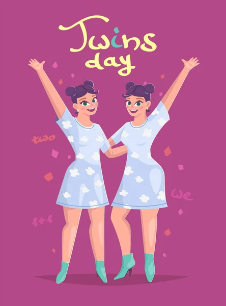 День Близнецов Праздничный Плакат Две Счастливые Одинаковые Сестры Обнимаются Векторная Лицензионные Стоковые Иллюстрации