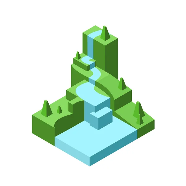 Многоугольный Модельный Ландшафт Водопадом Изометрическом Виде Векторная Иллюстрация Лицензионные Стоковые Иллюстрации