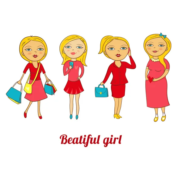 Conjunto de meninas bonitas em diferentes papéis — Vetor de Stock