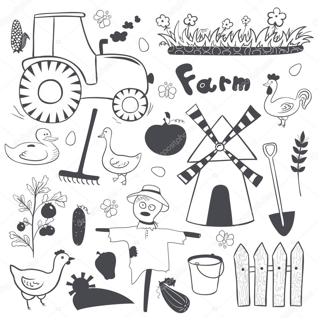 Farm illustrations set in doodle style