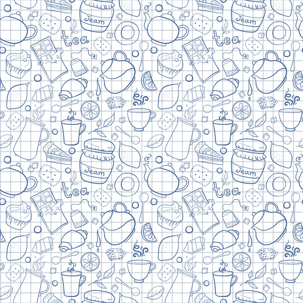 Tea and sweets seamless pattern on exercise book background