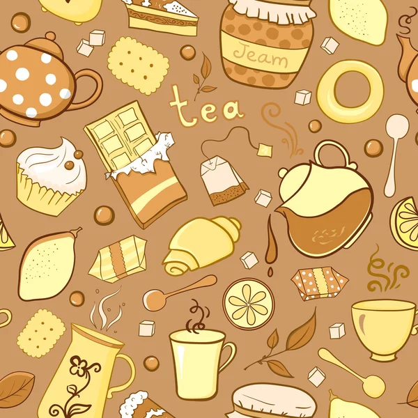 Tee und Süßigkeiten nahtlose Muster im Doodle-Stil — Stockvektor