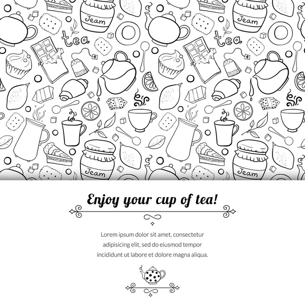 Çay ve tatlılar siyah ve beyaz arka plan — Stok Vektör
