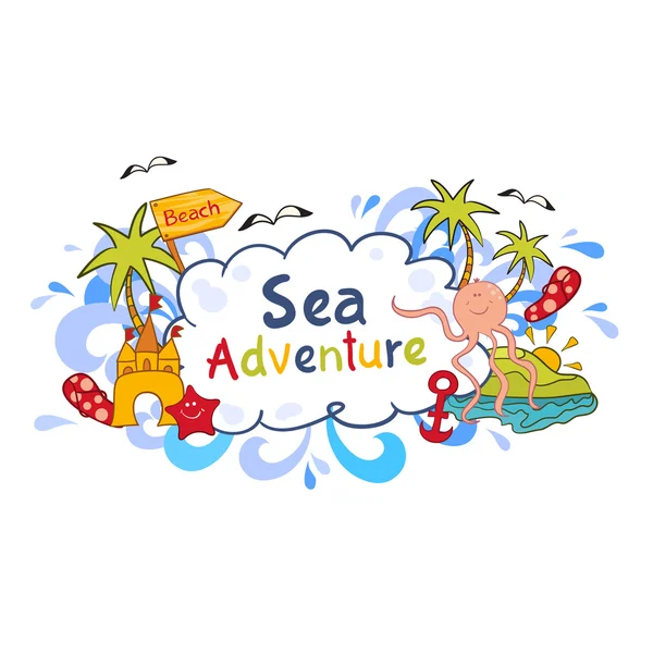 Impressão de praia colorida com elementos de desenhos animados — Vetor de Stock