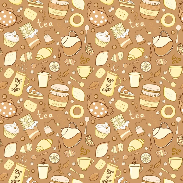 Tea and sweets seamless pattern in doodle style — Stock Vector
