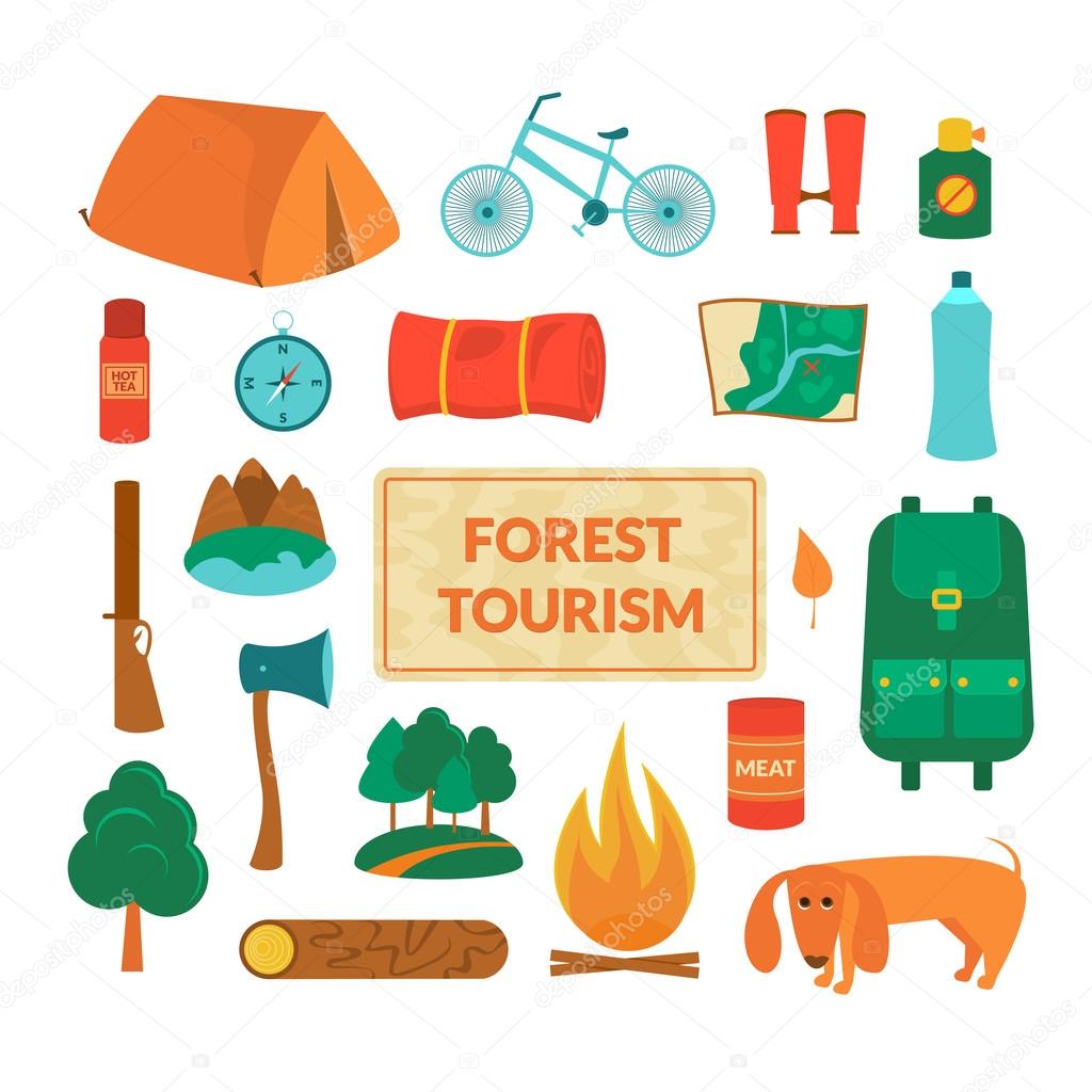 Camping equipment, icons set in flat style