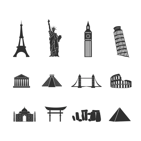 Conjunto de iconos blancos y negros de los monumentos mundiales — Archivo Imágenes Vectoriales