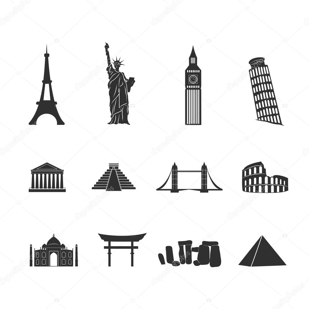 World landmarks black and white icons set
