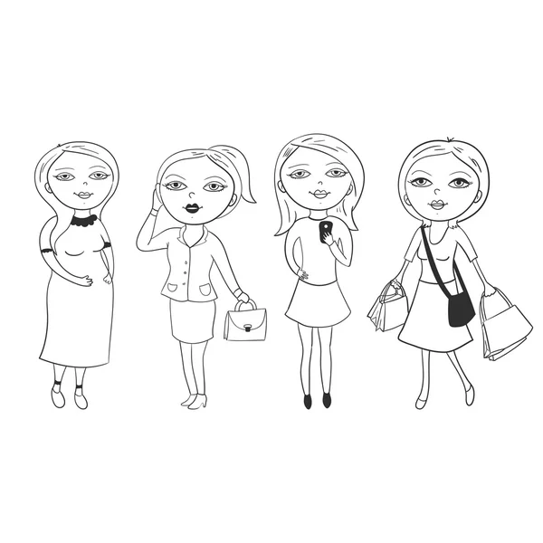 Conjunto de chicas hermosas en diferentes roles — Vector de stock