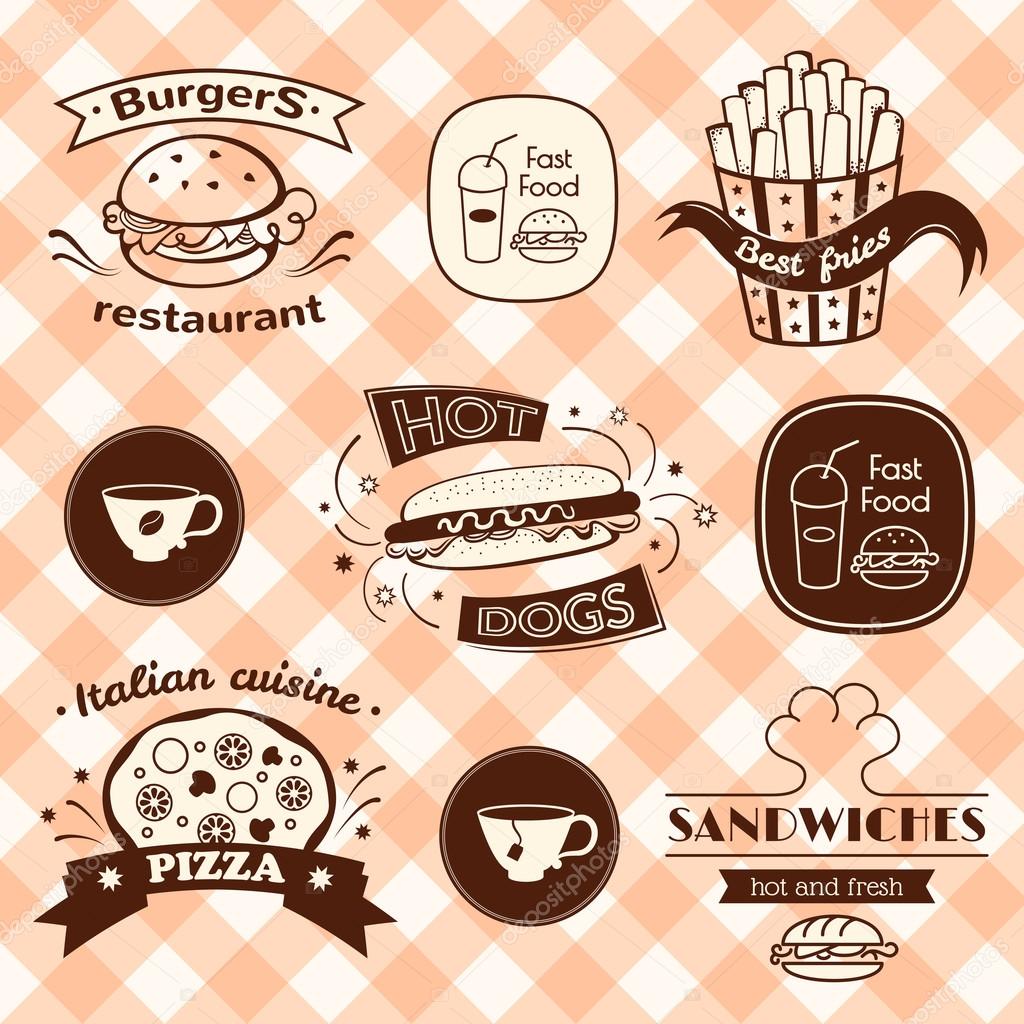Fast food signs set, retro typography, restaurant logo